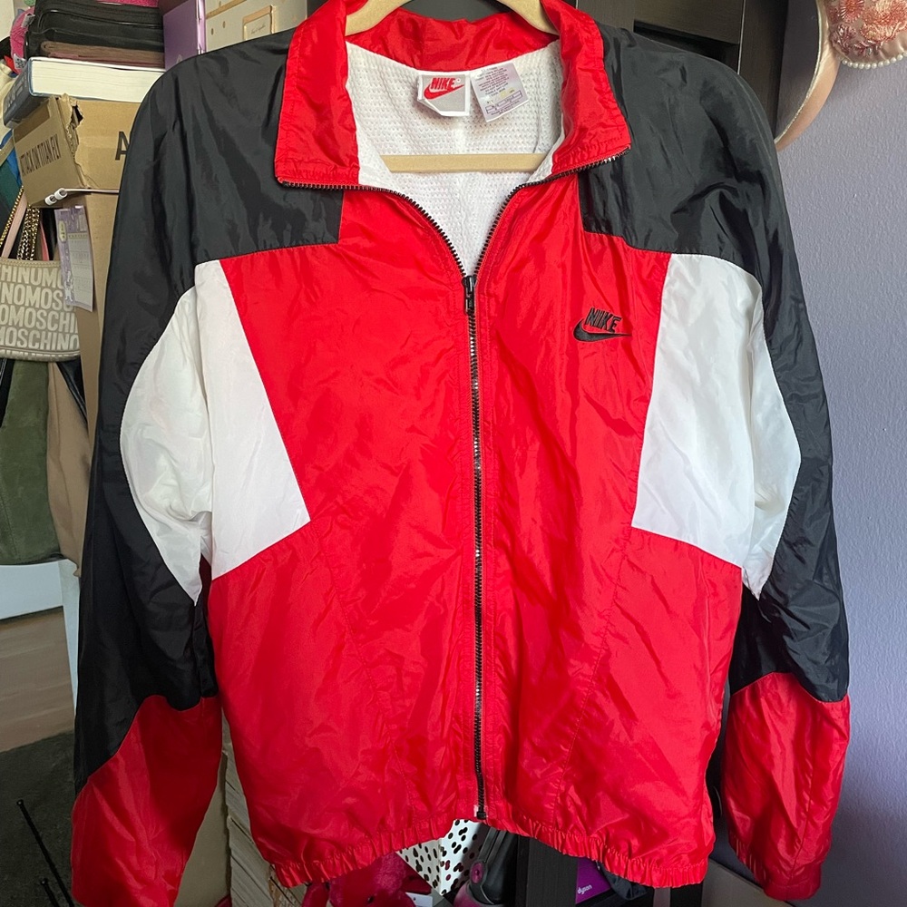 VINTAGE Nike Jacket Womens Black Red White Windbreaker Full Zip